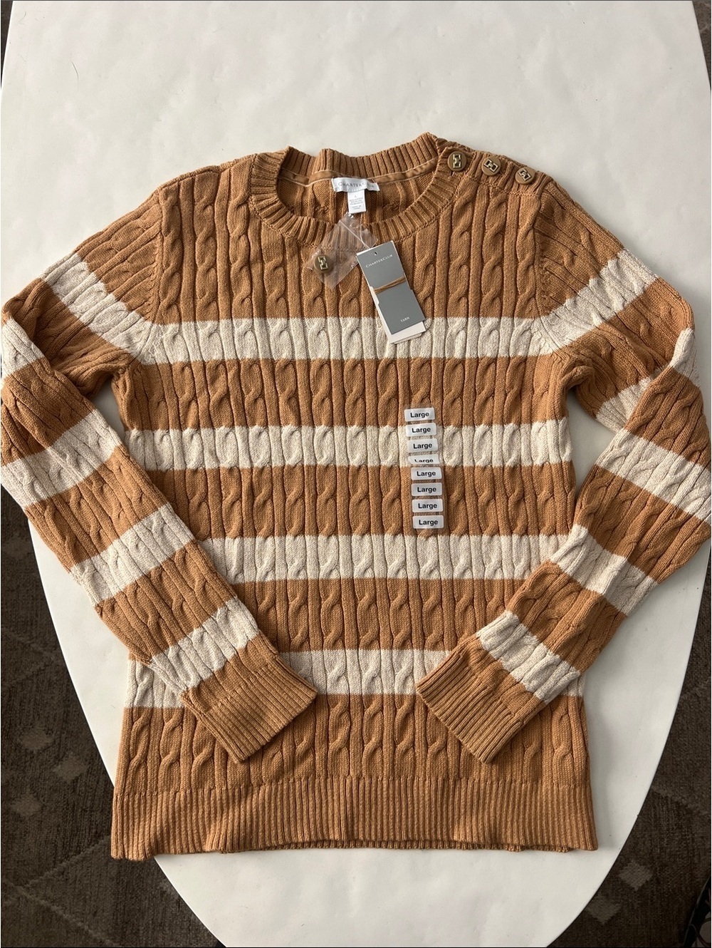 NWT Vintage Charter Club Cable Knit Tan Beige Neutral Stripe Crewneck Sweater L